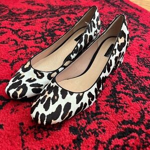 Topshop leopard print faux pony hair block heel slip-ons.